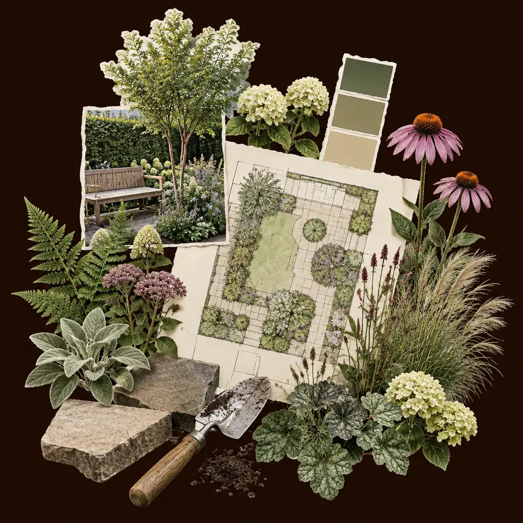 Tuinontwerp plattegrond omringd door planten, kleurstalen, schep en stenen