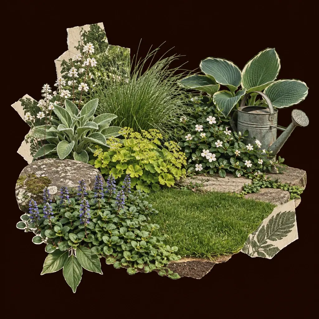 Klein grasveldje met bodembedekkers, hosta, siergras, gietertje en stenen pad