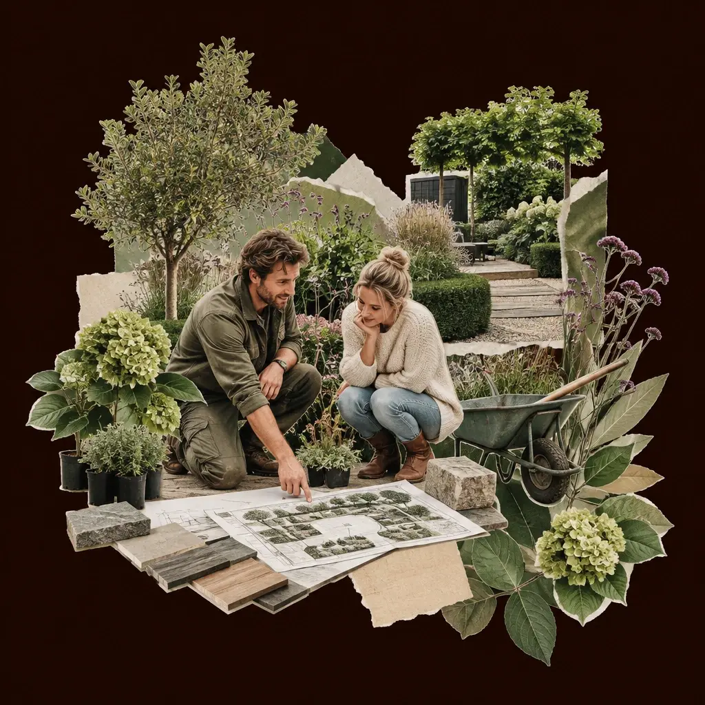 Mannelijke hovenier toont tuinontwerp aan vrouwelijk koppel tussen planten en kruiwagen