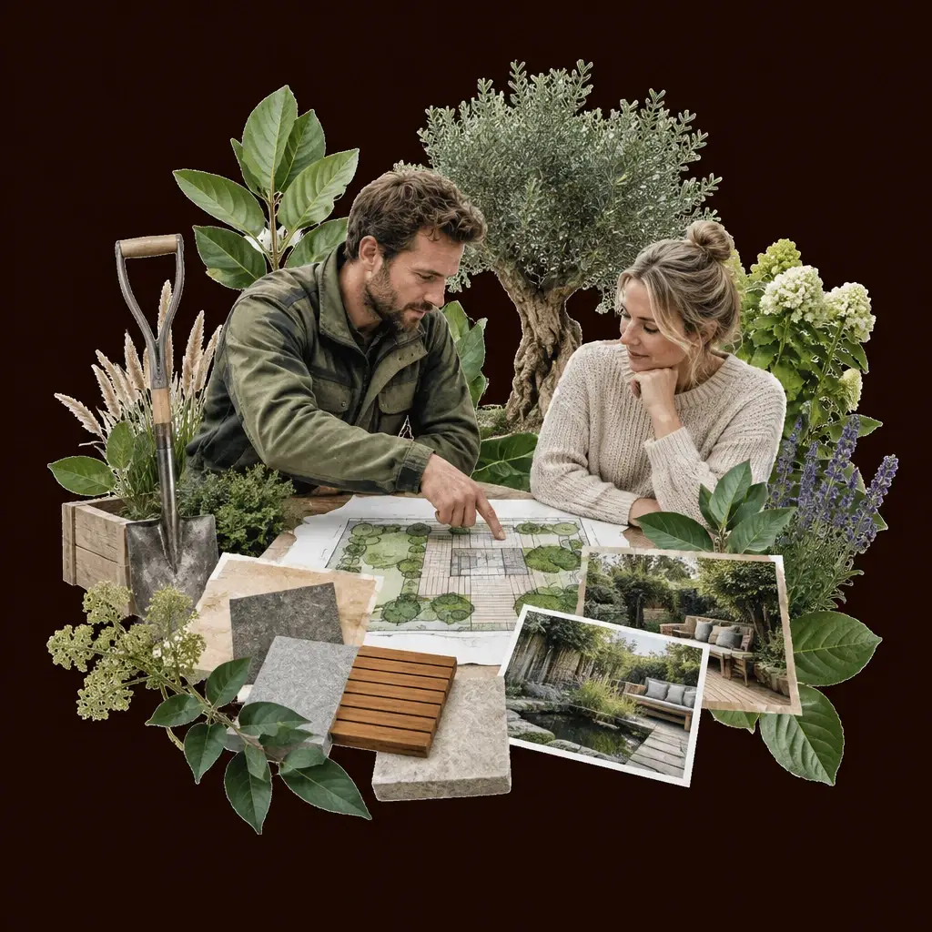 Hovenier wijst samen met klant op tuinontwerptekening tussen planten en materialen