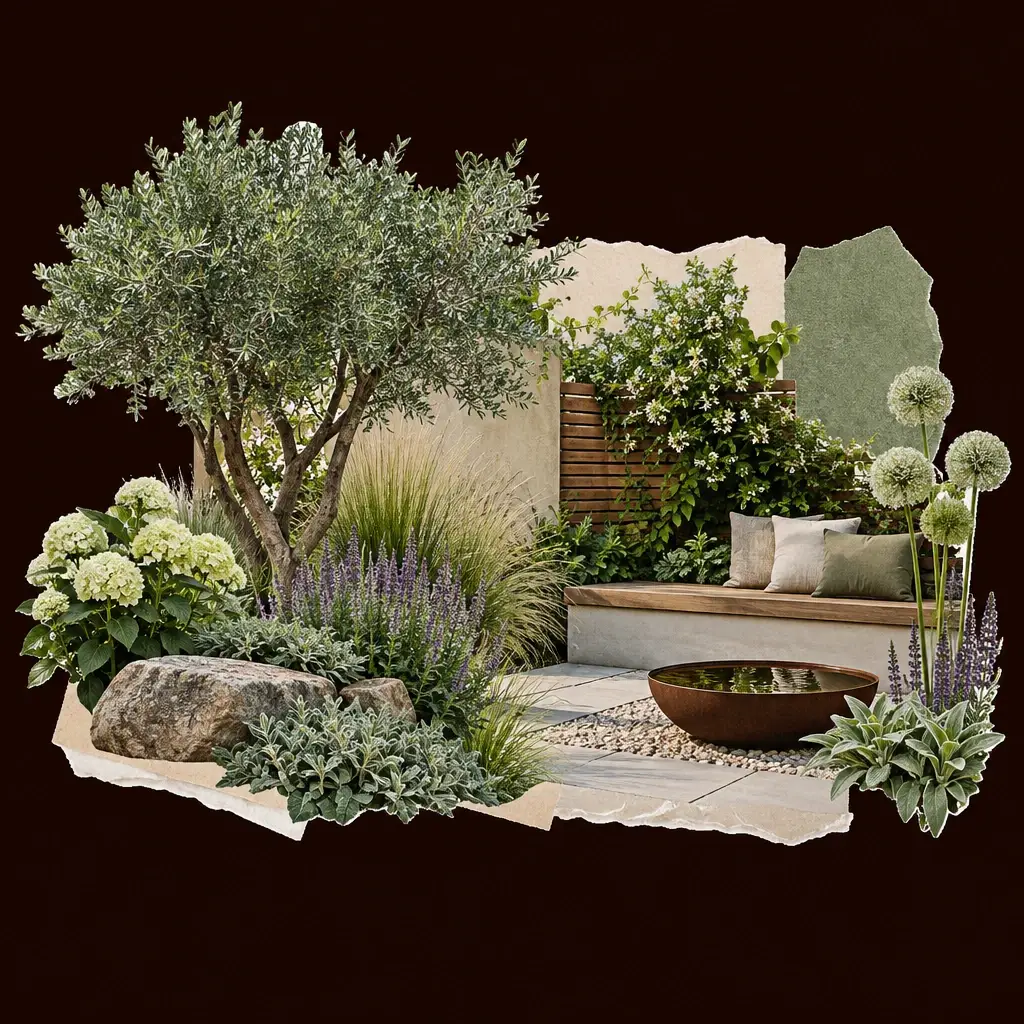 Kleine onderhoudsarme tuin met olijfboom, siergrassen, zitbank en ronde waterbak