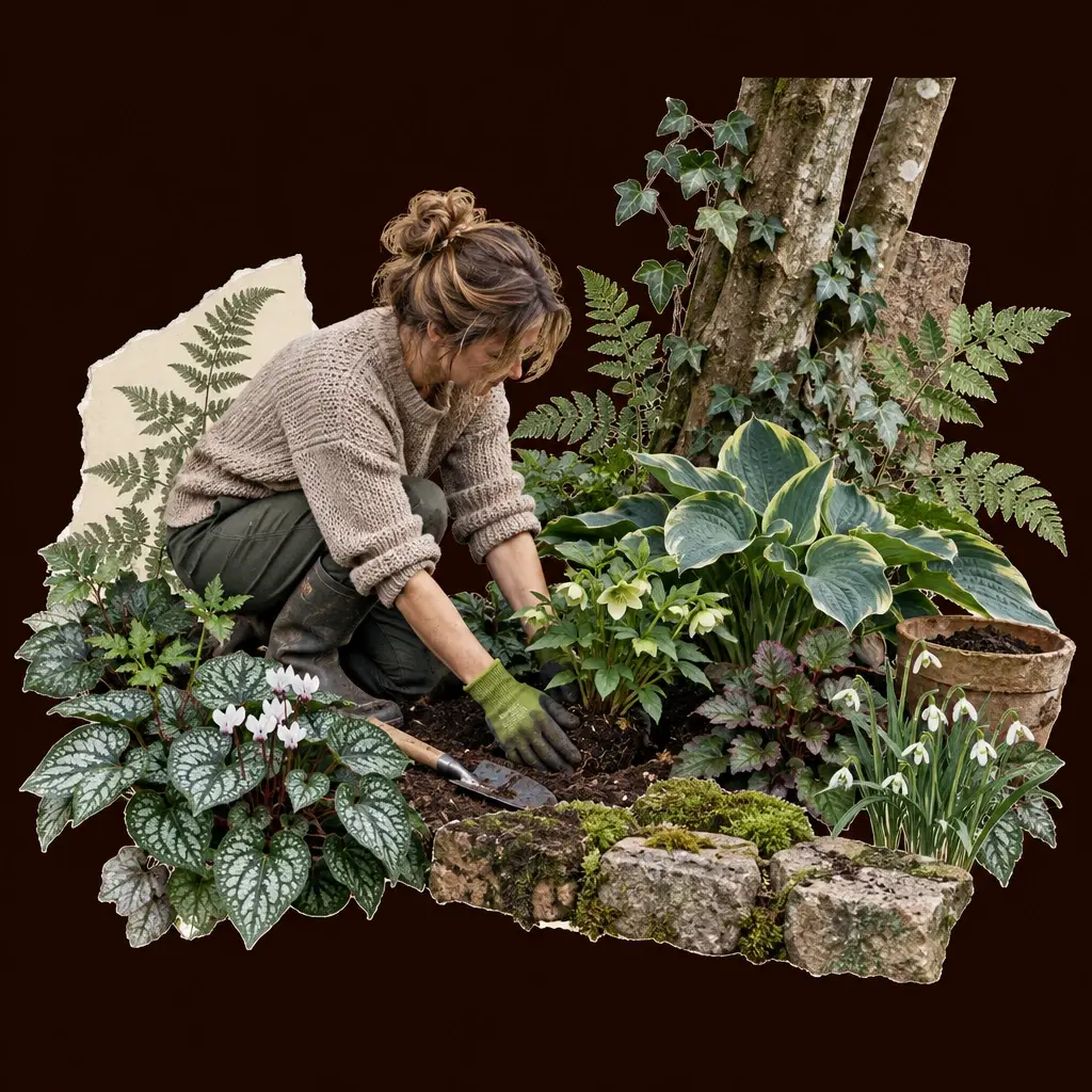 Vrouw met tuinhandschoenen plant hosta en schaduwplanten in border bij boomstronk
