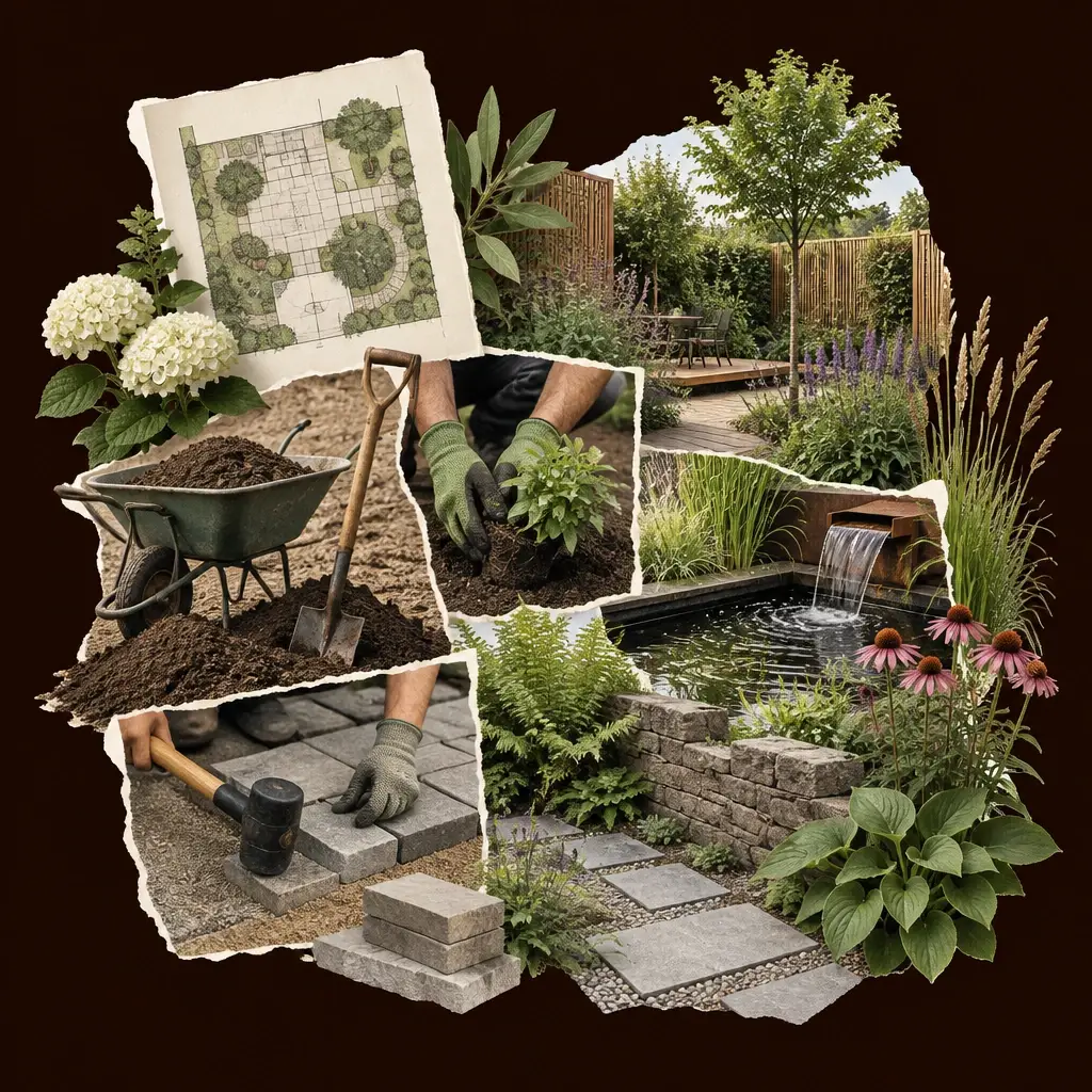 Collage van tuinontwerp, beplanting, bestrating, vijver, schep en handschoenen