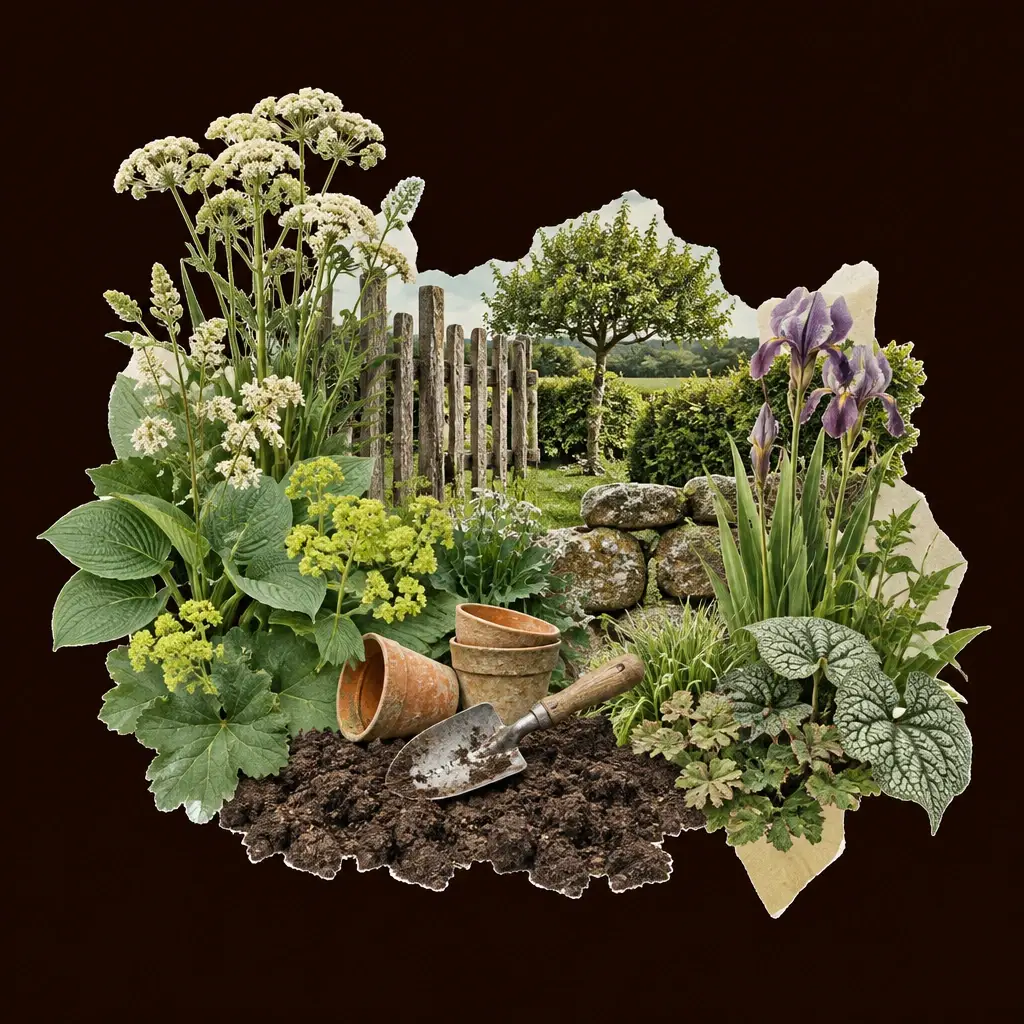 Tuinschep en terracotta potten op verse kleigrond, omlijst door vaste planten en hek