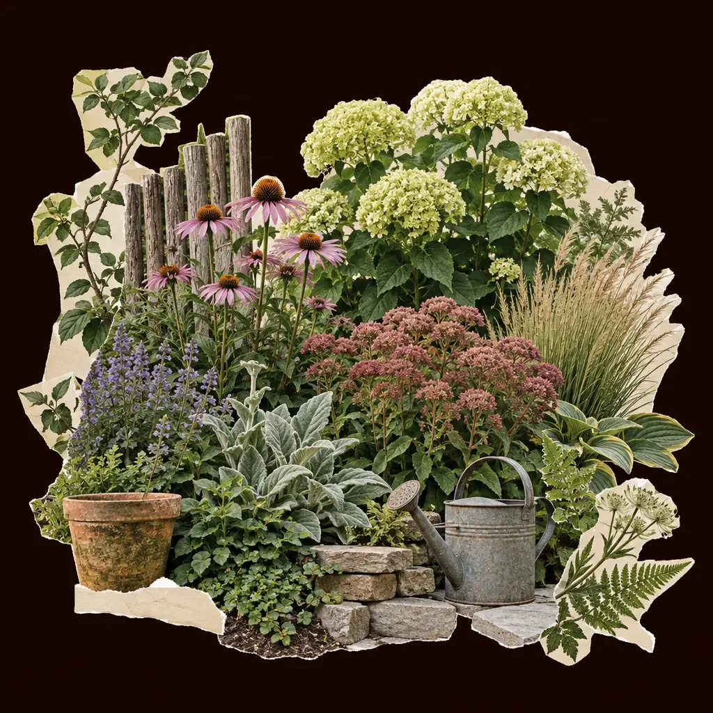 Border met hortensia, zonnehoed, kattenkruid, vetkruid, siergras en gieter
