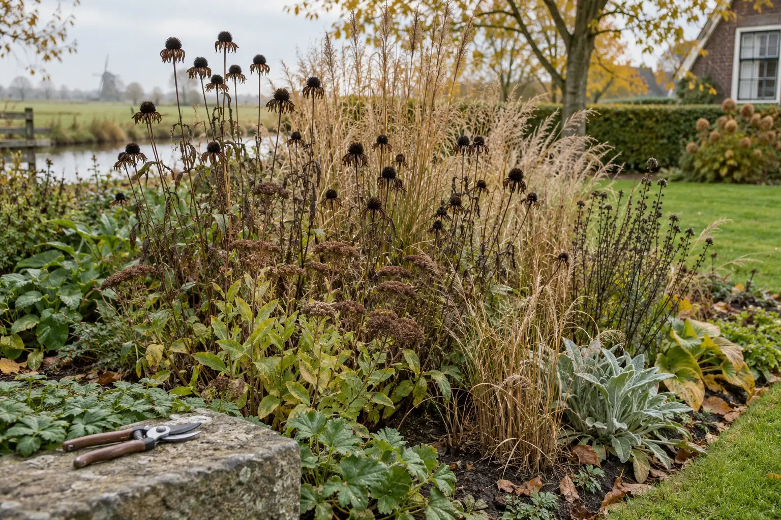 Snoeischaart op steen naast herfstbed met uitgebloeide vaste planten en siergrassen