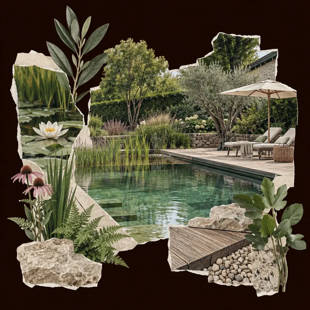 Natuurlijke zwemvijver met houten dek, ligstoelen, parasol en omringende beplanting