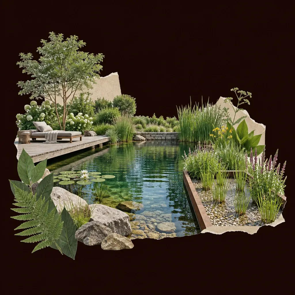 Natuurlijke zwemvijver met houten terras, waterplanten, riet en ligbedden aan de rand